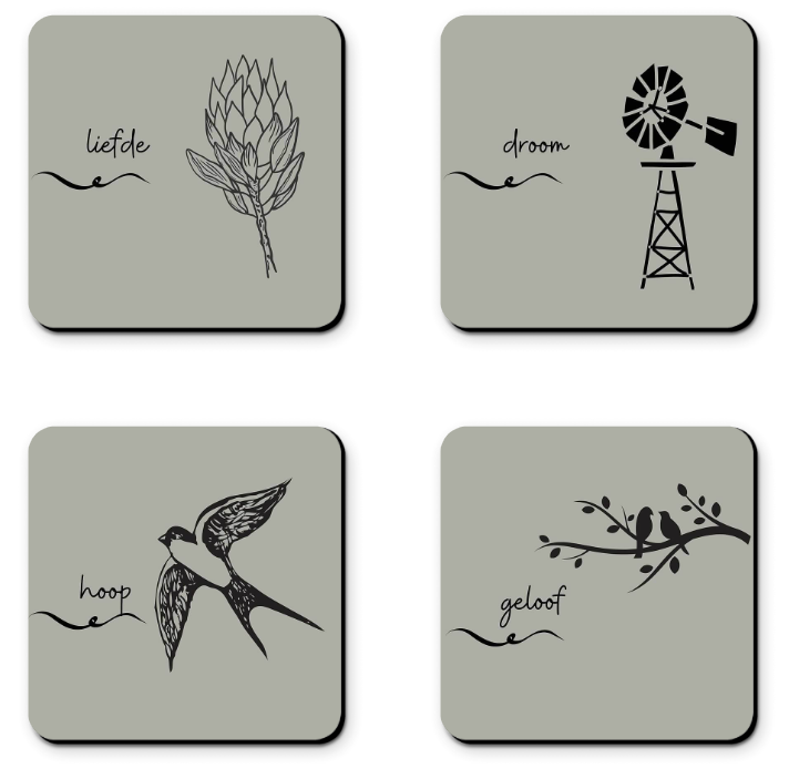 Afrikaans Words Coasters - hoop - geloof - liefde - droom (Set of 4)