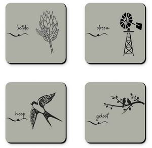 Afrikaans Words Coasters - hoop - geloof - liefde - droom (Set of 4)