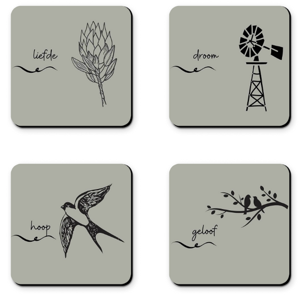 Afrikaans Words Coasters - hoop - geloof - liefde - droom (Set of 4)