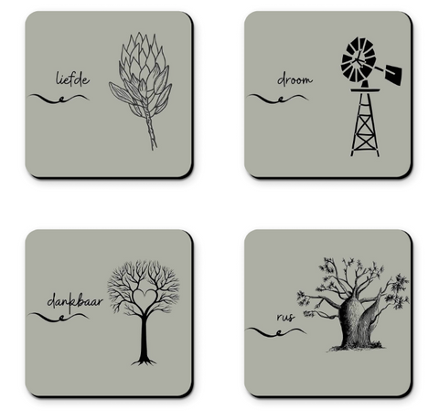 Afrikaans Words Coasters - liefde - droom - dankbaar - rus (Set of 4)