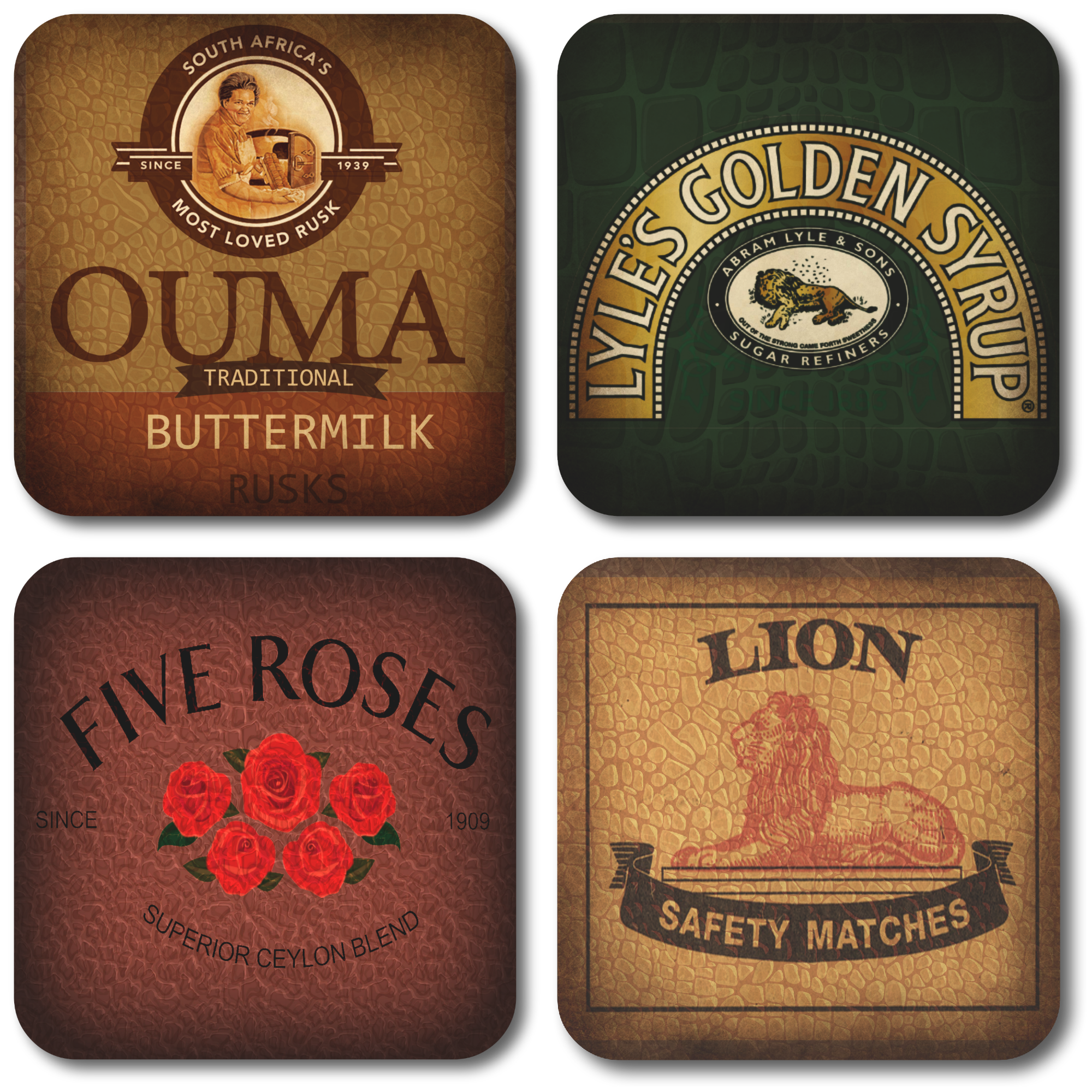 Lion Matches, Golden Syrup, Five Roses and Ouma Rusks Coasters (Set of 4)