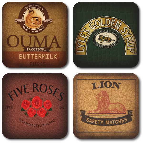 Lion Matches, Golden Syrup, Five Roses and Ouma Rusks Coasters (Set of 4)
